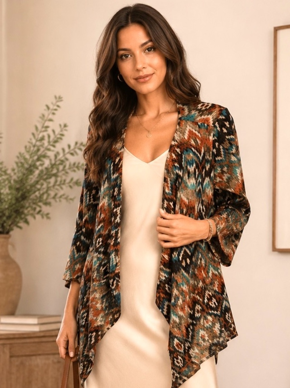 One World Southwestern Geometric Draped Cardigan - Earth Tones - Size 1X